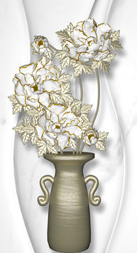 3D浮雕牡丹花瓶玄关背景墙