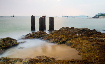 海滩 慢门 礁石 海浪