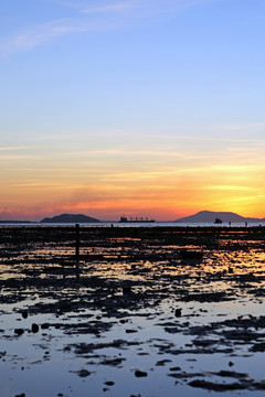 夕阳 晚霞 海滩 滩涂