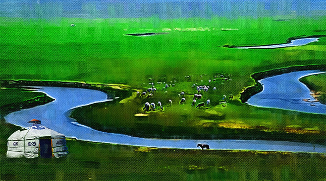 草原蒙古包河流羊群