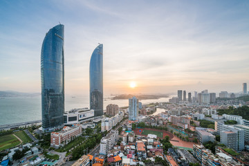 廈門雙子塔濱海黃昏風(fēng)景
