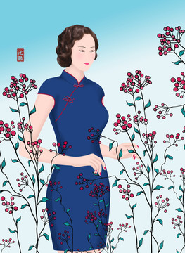 古风手绘插画旗袍美女无杠画