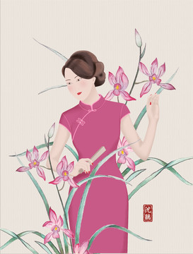 古风中国风手绘插画旗袍美女