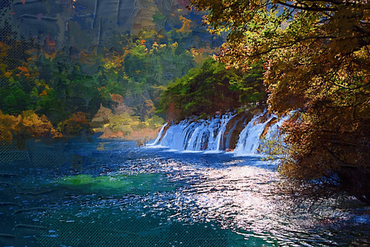 油画 瀑布 水流