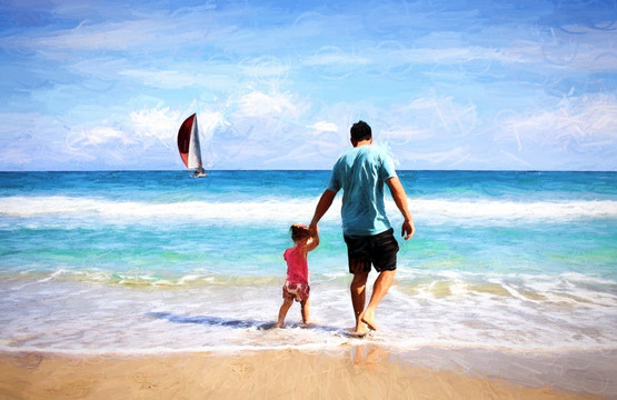 父女 父爱 童趣 海边 散步