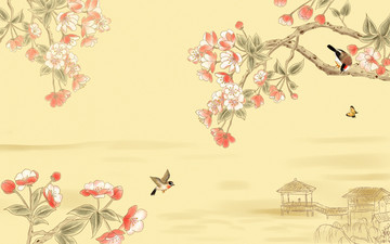 國畫海棠桃花鳥圖電視背景墻