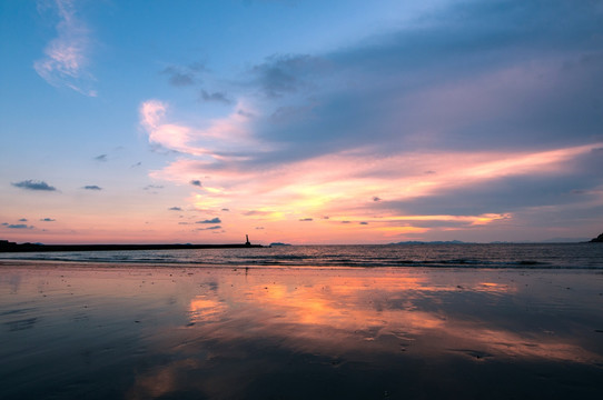 海边夕阳 天空晚霞 滩涂倒影