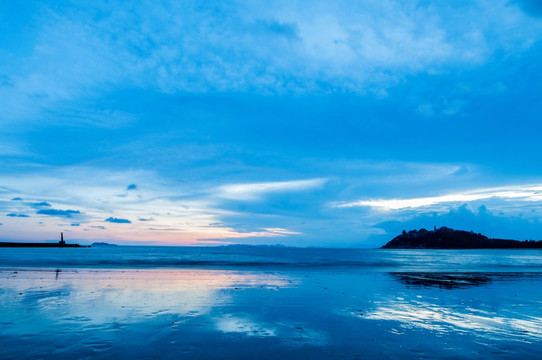 海边夕阳 天空晚霞 滩涂倒影