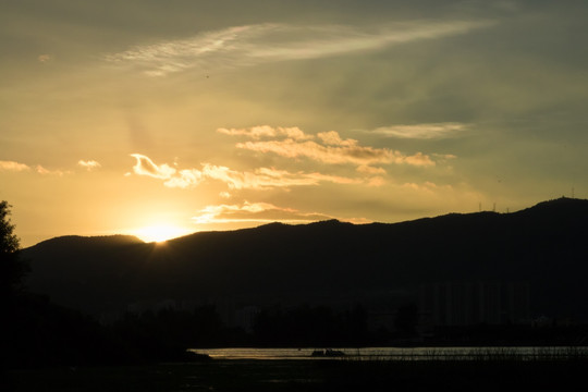 夕阳下滇池湿地