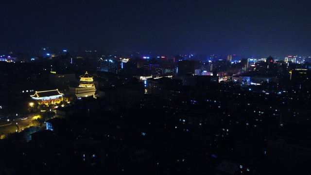 航拍西安城市夜景城墙夜景