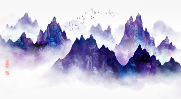 新中式水墨山水紫气东来装饰壁画