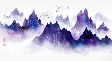 新中式水墨山水紫氣東來(lái)裝飾壁畫(huà)