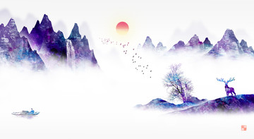 新中式水墨山水紫氣東來裝飾壁畫