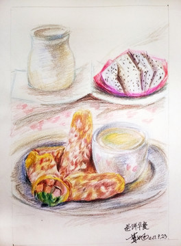 彩铅画卷饼早餐火龙果