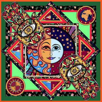 太阳月亮手丝巾图案设计 方巾