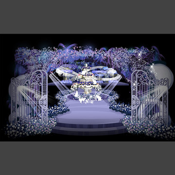 蓝紫色梦幻花园婚礼手绘效果图