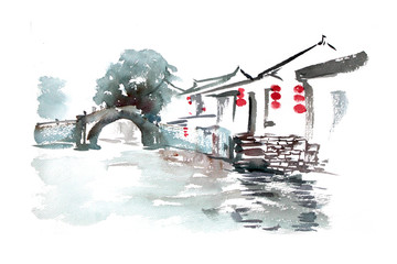 插畫(huà)河道景色