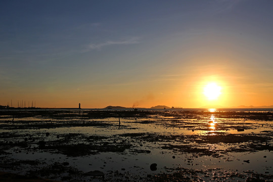 海滩 滩涂 夕阳 落日