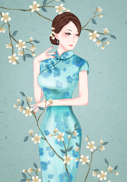 水彩風(fēng)旗袍美女
