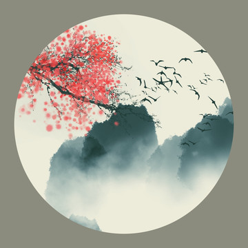 圓形小品水墨山水畫