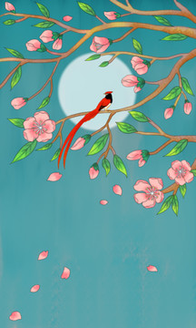 桃花 壽帶鳥(niǎo) 花好月圓 背景墻