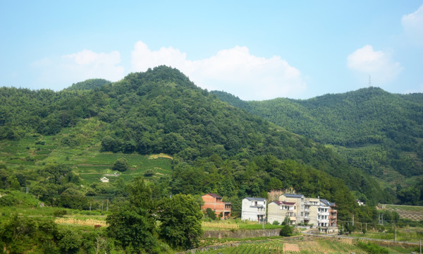 绿色山岭和山脚的房屋