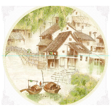 小橋 船 流水 人家 樹