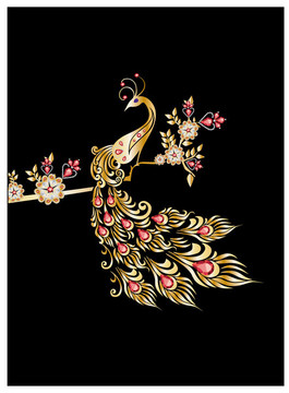 黃金孔雀紅寶石鑲嵌花朵矢量作品