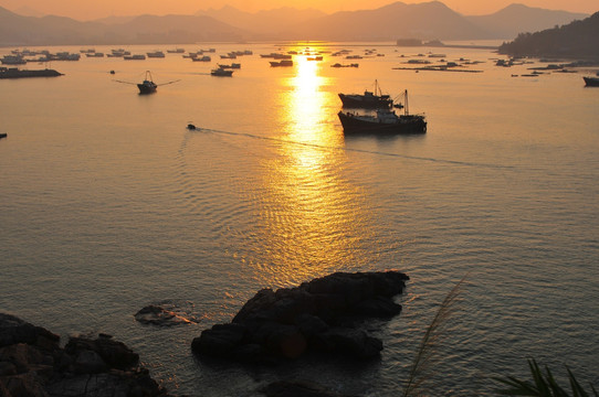 晨曦中的渔港 日出东方 打渔船