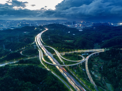 航拍鸟瞰高速公路立交桥 夜景