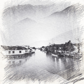 水墨山水鉛筆畫