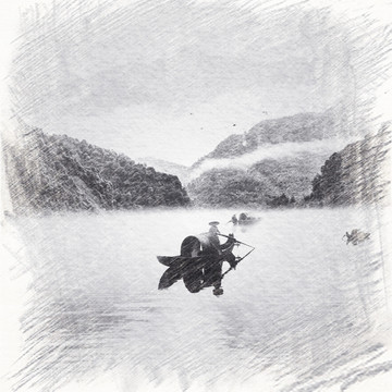 水墨山水鉛筆畫