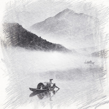 水墨山水鉛筆畫