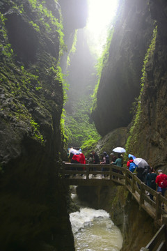 峡谷溪流 绝壁栈道游人