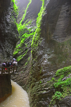 峡谷溪流 绝壁栈道游人