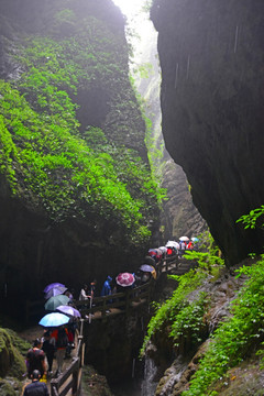 峡谷溪流 绝壁栈道游人