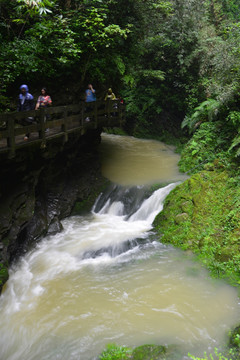 峡谷溪流 绝壁栈道游人