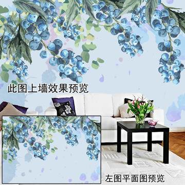 歐式田園手繪藍(lán)莓漿果電視背景墻