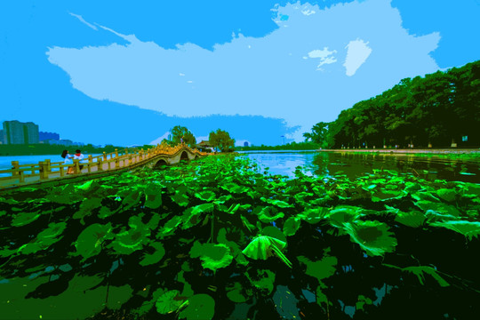 油畫大明湖風(fēng)光