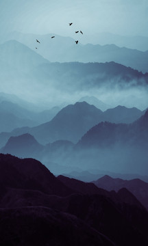 水墨群山 晨霧 豎幅