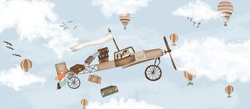 手绘卡通飞机车动物热气球壁画