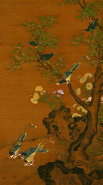 桂菊山禽圖 絹本
