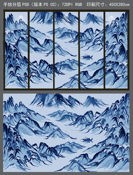 手繪新中式抽象山水背景墻裝飾畫