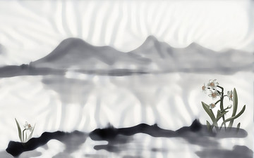 蘭花水墨山水畫中式3D背景墻