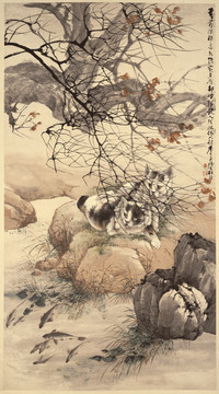 雙貓窺魚紙本