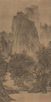 晴巒蕭寺圖絹本