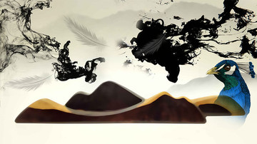 孔雀水墨山水背景中式3D壁畫(huà)