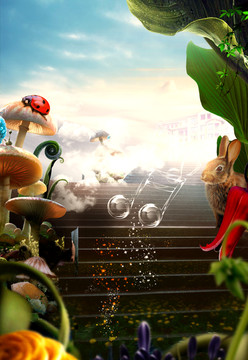 童话般的地产广告瓢虫蘑菇兔