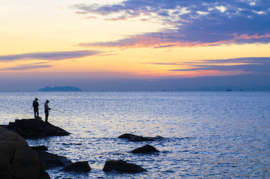 海上日落 烟波浩渺 海边礁石