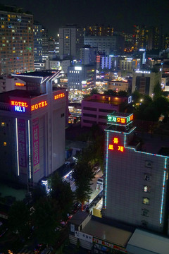 韩国都市夜景 酒店宾馆林立